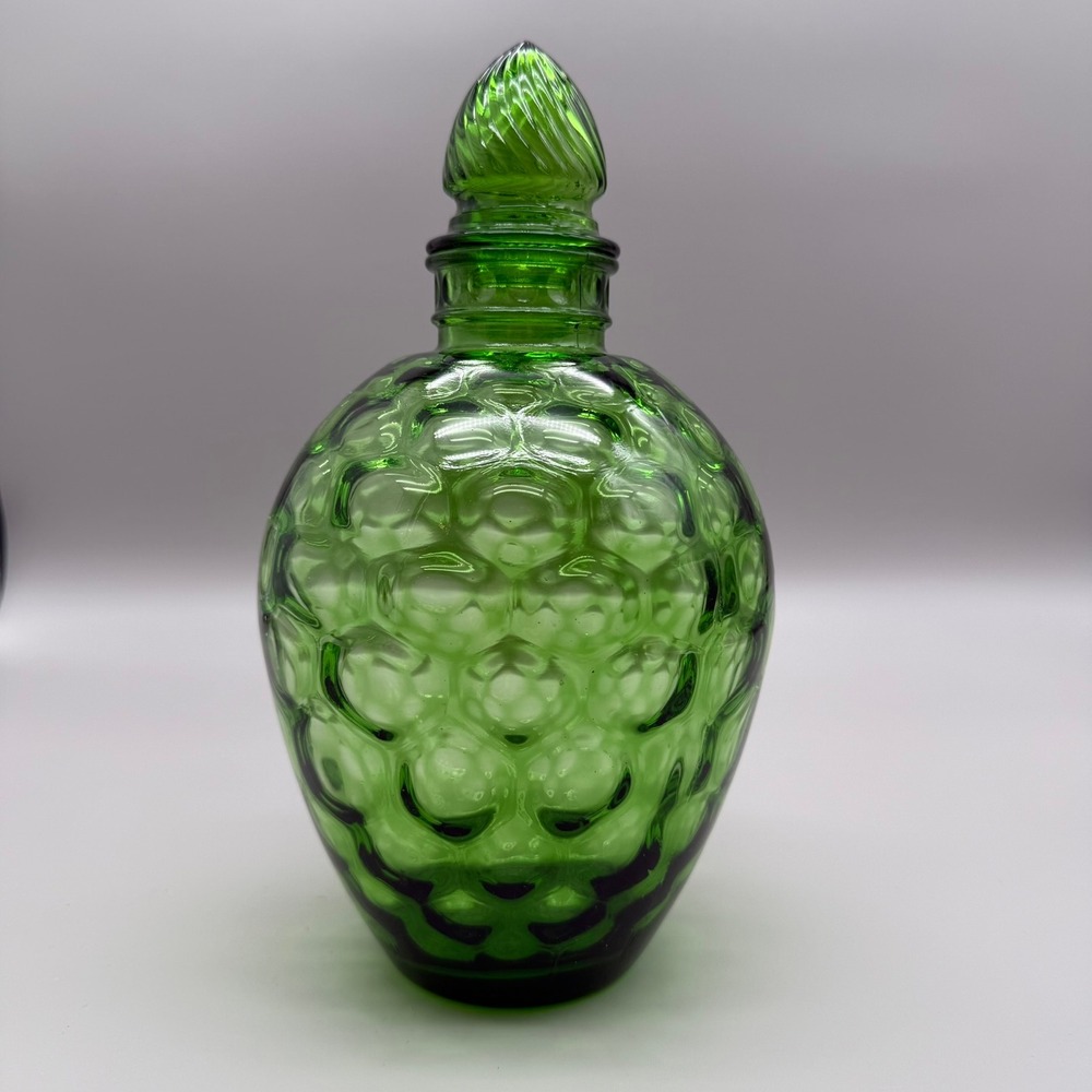 Vintage Green Glass Decanter Vase with Swirl Stopper Honeycomb Pattern